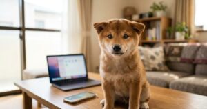 リビングでこちらを見つめる赤柴の子犬、背景にノートPCとスマホ