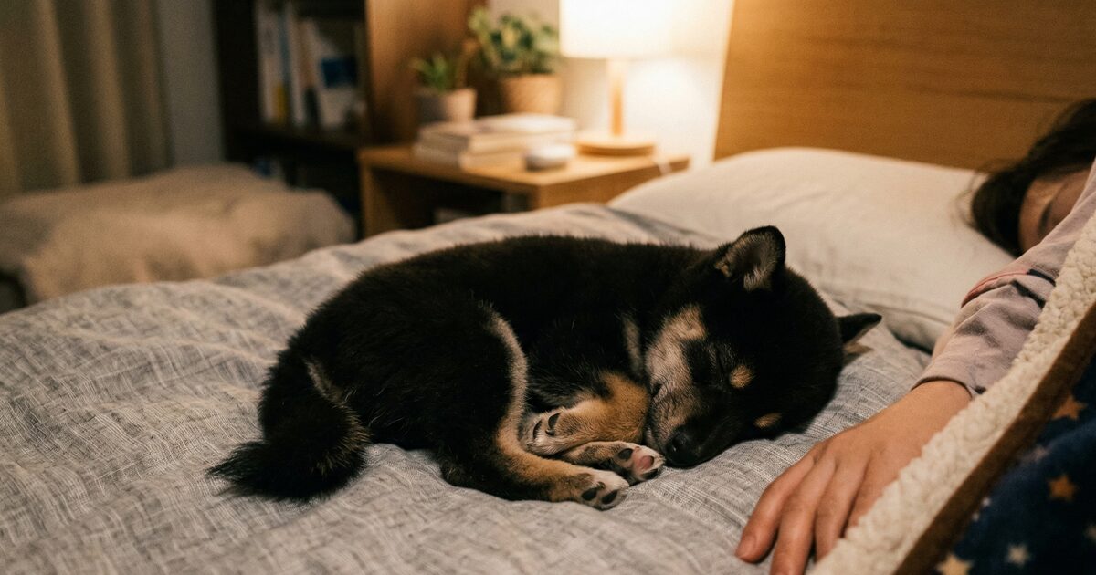 寝室のベッドで飼い主の隣で丸まって眠る黒柴の豆柴