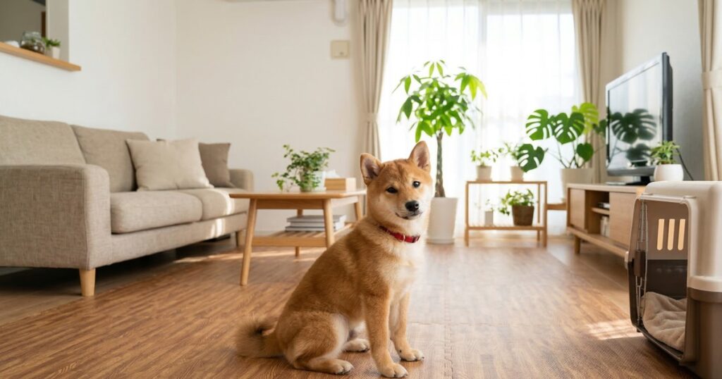 賃貸マンションのリビングでお座りする赤柴