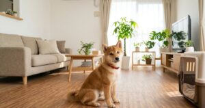 賃貸マンションのリビングでお座りする赤柴