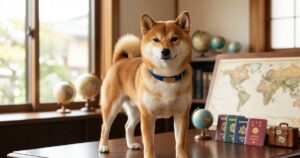 デスクの上で地球儀やパスポートと並ぶ赤柴