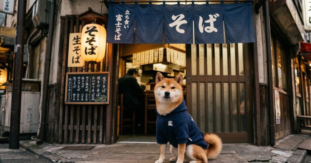 red shiba in parka at soba shop