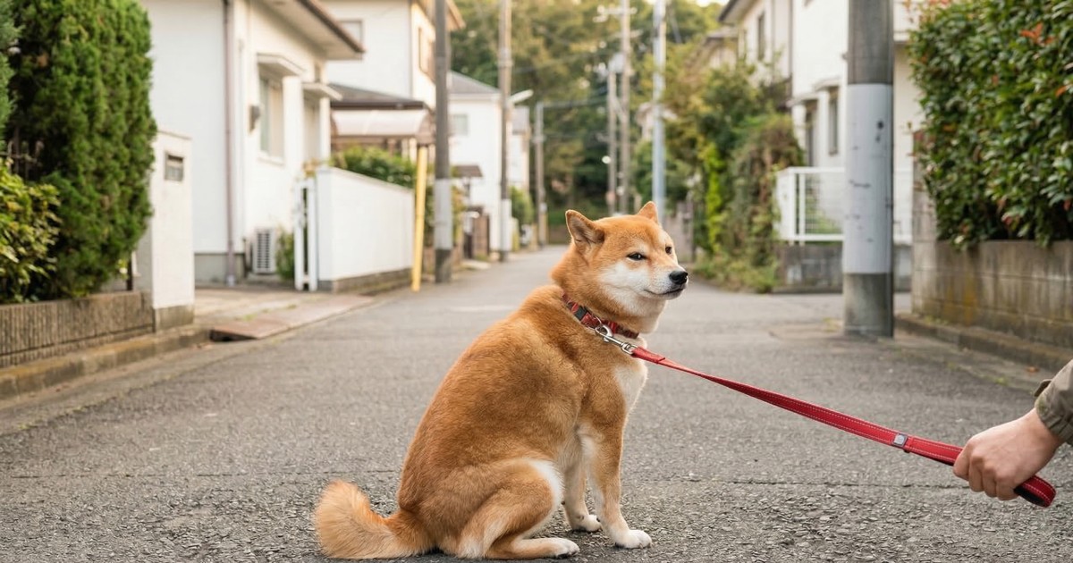 散歩道で座り込んで動かない拒否柴の赤柴