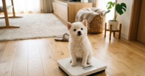 体重計の上にちょこんと座っている白い豆柴