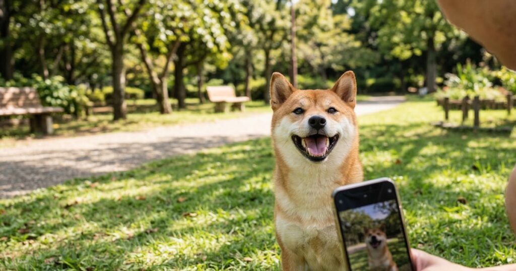 公園で柴スマイルの赤柴をスマホで撮影している
