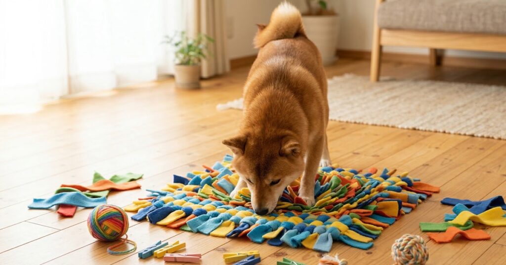 100均素材のノーズワークマットでおやつを探す赤柴