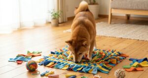 100均素材のノーズワークマットでおやつを探す赤柴