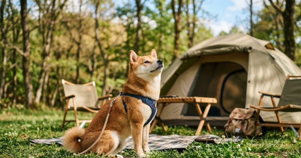 キャンプ場のテントの前で風の匂いを嗅ぐ赤柴