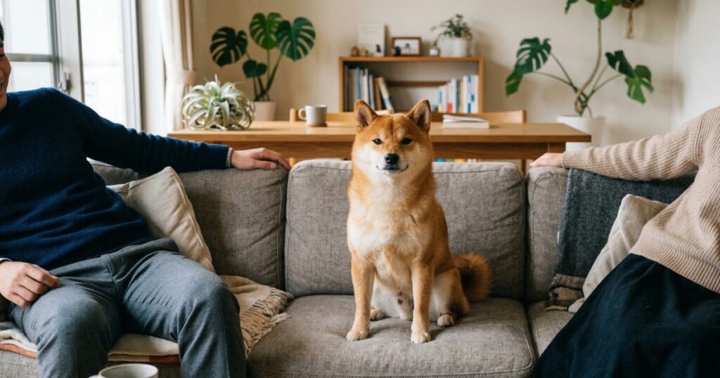 ソファの真ん中に堂々と座る赤柴と両脇の夫婦