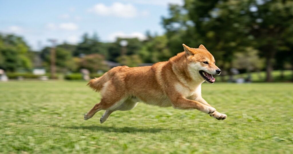 芝生の広場で全力疾走する赤柴