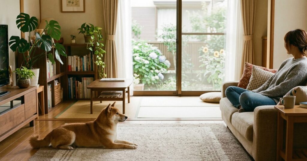 飼い主から少し離れた場所でくつろぐ赤柴の柴距離