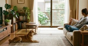 飼い主から少し離れた場所でくつろぐ赤柴の柴距離