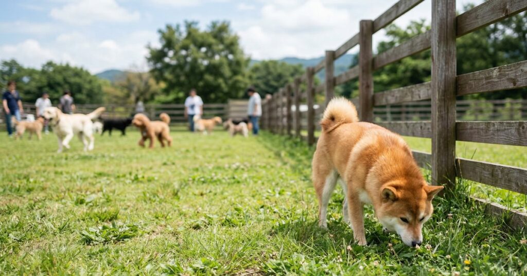 ドッグランのフェンス沿いで匂いを嗅ぐ赤柴