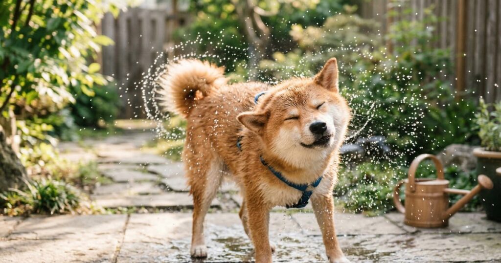 水しぶきを飛ばしながら全身をブルブル振る赤柴の柴ドリル