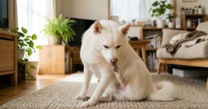 白柴が耳を掻いたあとに足の匂いを嗅いでいる様子