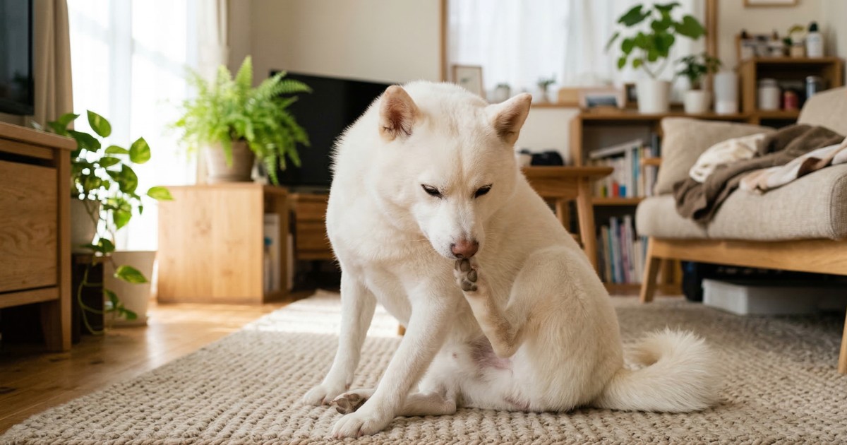 白柴が耳を掻いたあとに足の匂いを嗅いでいる様子