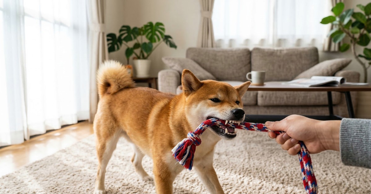 おもちゃの引っ張りっこでガウガウしている赤柴