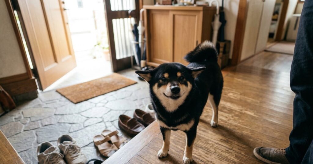 玄関で飼い主を迎えるヒコーキ耳の黒柴