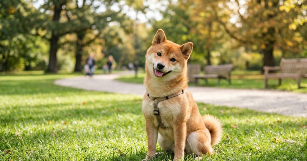 公園の芝生に座る赤柴が柴スマイルでこちらを見ている