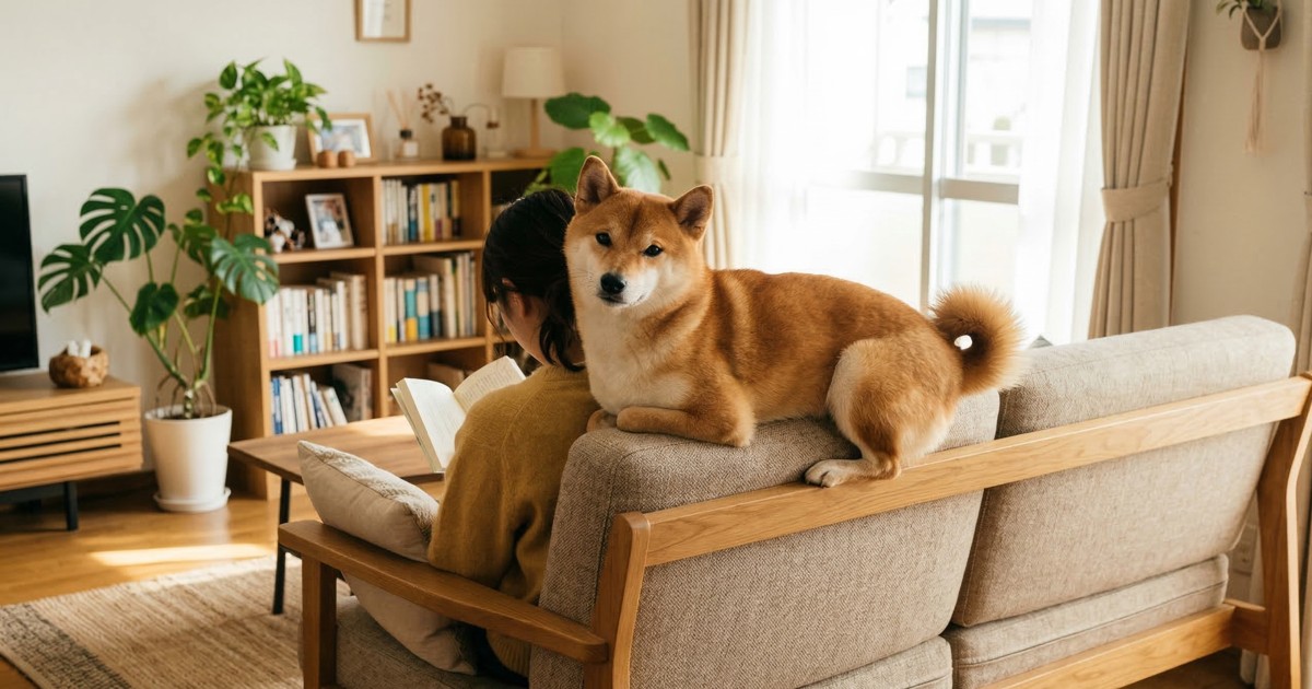 ソファの背もたれに乗って飼い主を見下ろす赤柴