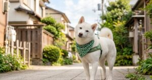 唐草模様のハーネスを着けた白柴が住宅街の散歩道に立っている