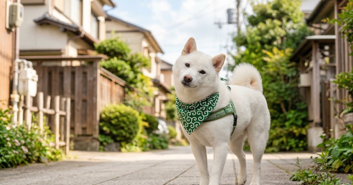唐草模様のハーネスを着けた白柴が住宅街の散歩道に立っている