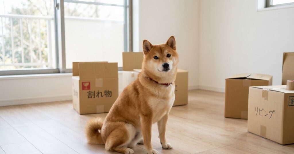 引っ越し先の新居で段ボールに囲まれて固まっている赤柴