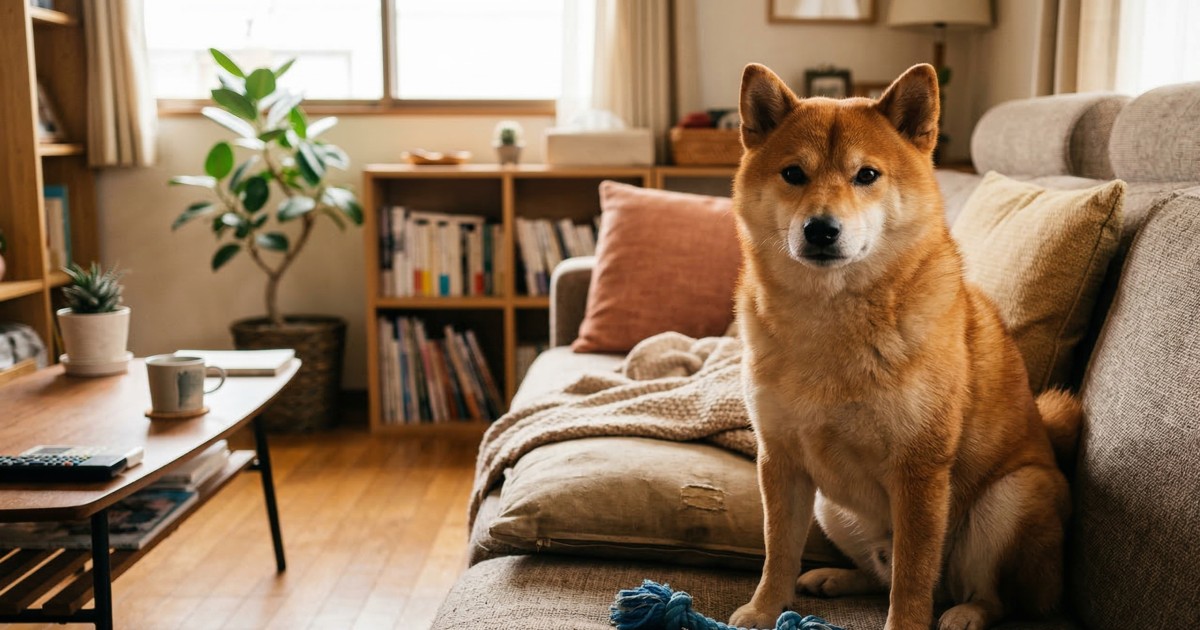 ソファの定位置に座ってこちらを見つめる赤柴