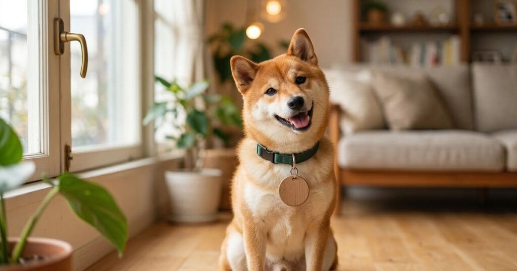 ネームタグ付きの首輪をした赤柴が柴スマイルで座っている