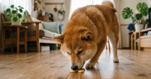赤柴がフローリングの上でおやつに鼻を押しつけて隠そうとしている仕草