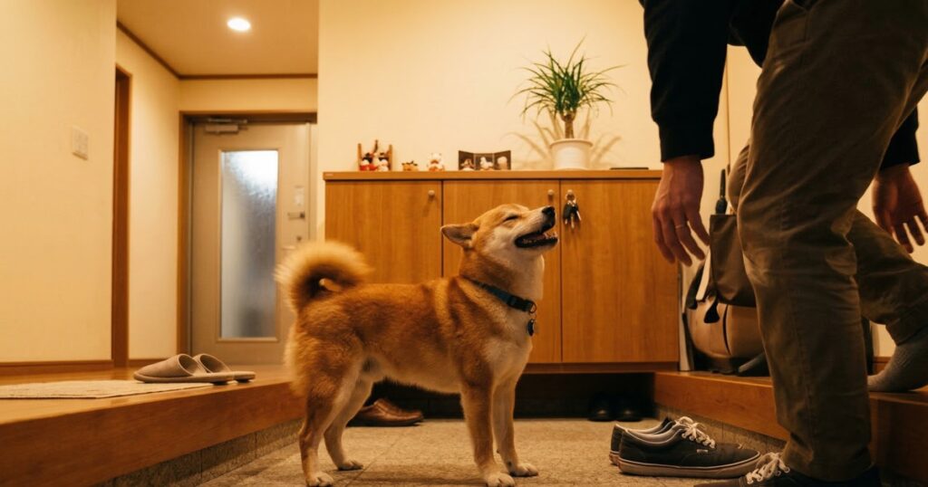 玄関で帰宅した飼い主を笑顔で迎える赤柴