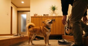 玄関で帰宅した飼い主を笑顔で迎える赤柴