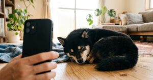 黒柴の寝顔をスマホで撮影している飼い主の手元