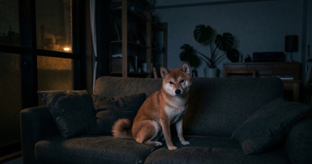 暗いリビングのソファに座ってカメラを見つめる赤柴