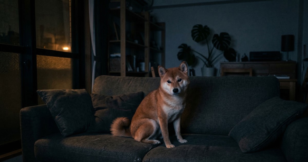 暗いリビングのソファに座ってカメラを見つめる赤柴