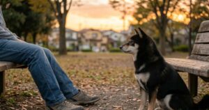 夕焼けの公園で遠くを見つめる黒柴の横顔