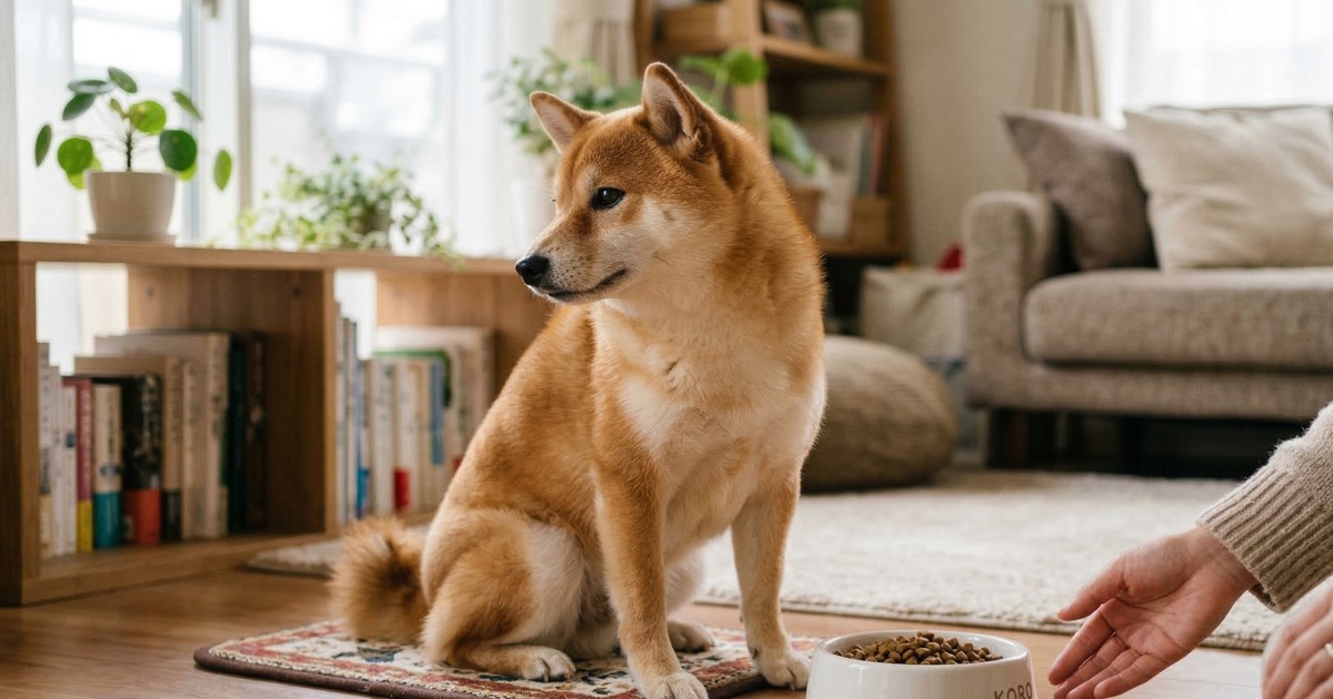 フードボウルの前でそっぽを向く赤柴