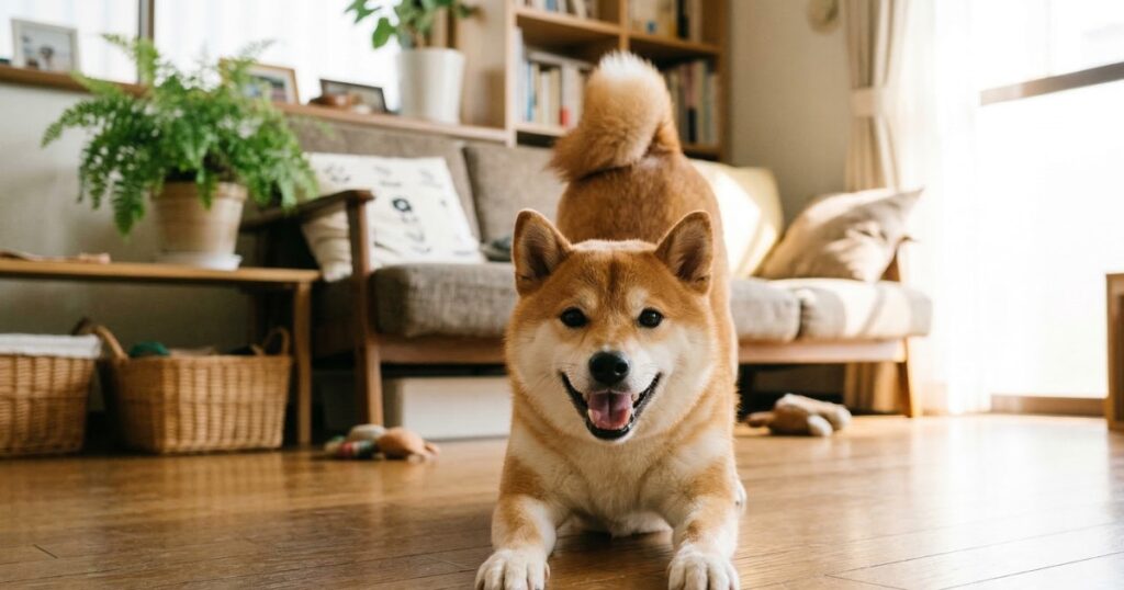 リビングでプレイバウをする赤柴