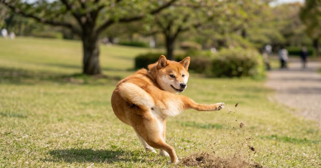 公園で後ろ足で地面を蹴り上げる赤柴