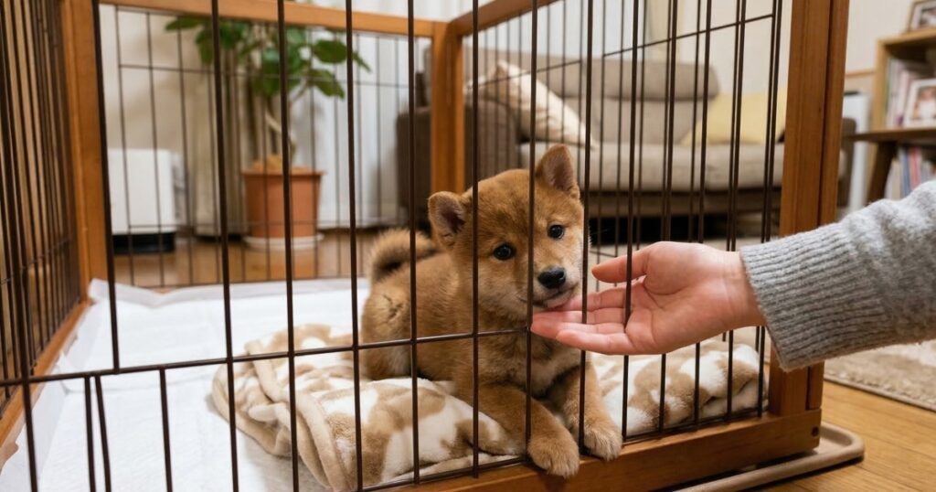 サークルの中から飼い主の手に顔を寄せる柴犬の子犬