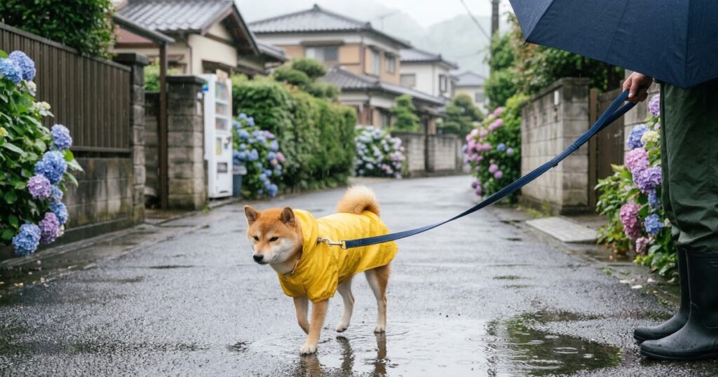 黄色いレインコートを着て梅雨の住宅街を散歩する赤柴