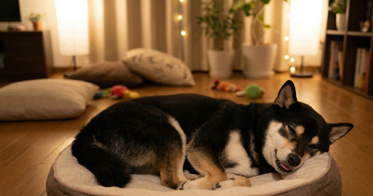 黒柴が犬用ベッドでくつろいでため息をついている様子