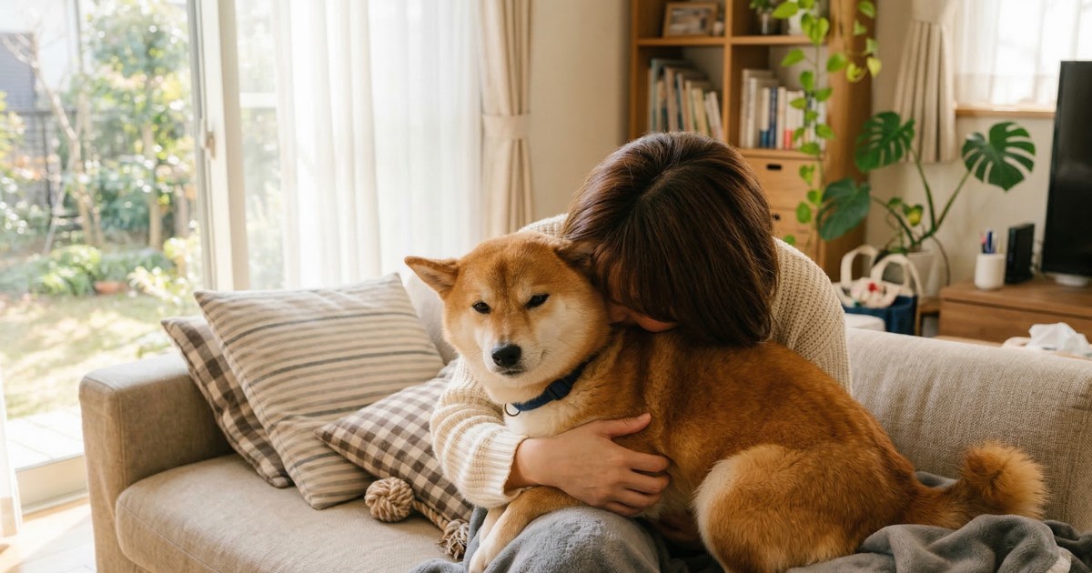 飼い主に柴吸いされて少し迷惑そうな赤柴