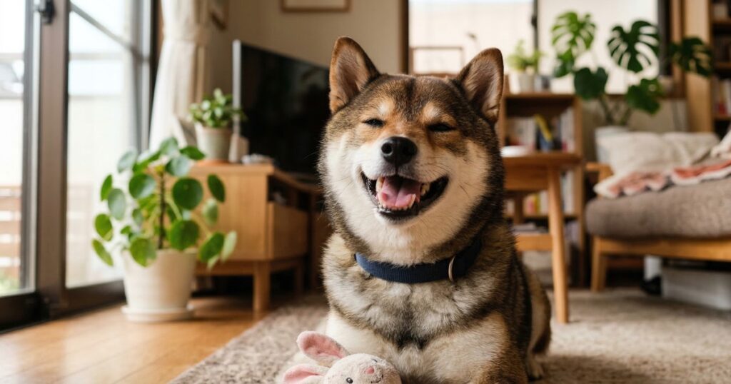 柴スマイル全開の胡麻柴とうさぎのぬいぐるみ