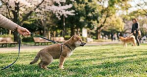 公園で他の犬を見つけてピタッと固まっている柴犬の子犬