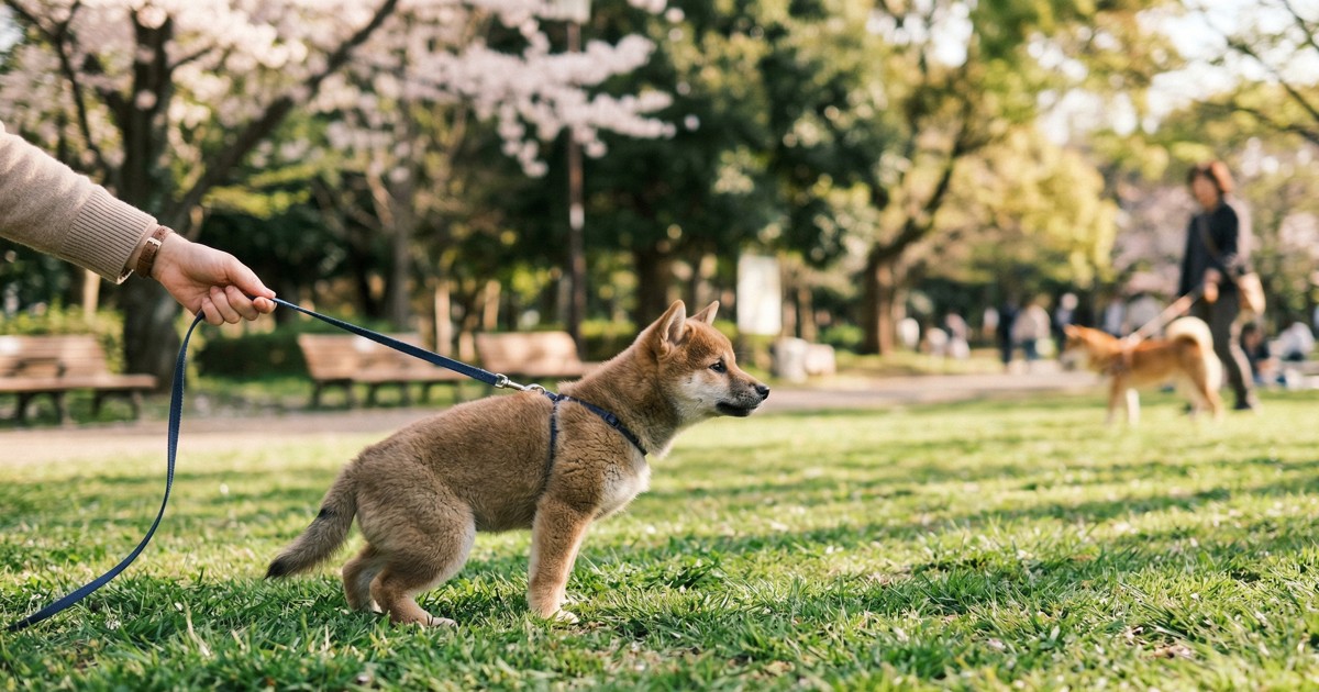 公園で他の犬を見つけてピタッと固まっている柴犬の子犬