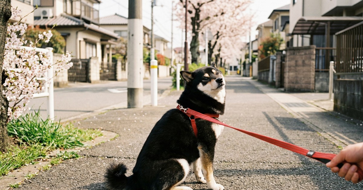 散歩中に座り込んで動かない黒柴の拒否柴
