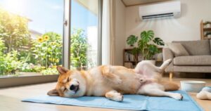 クールマットの上でへそ天で爆睡する赤柴とエアコン