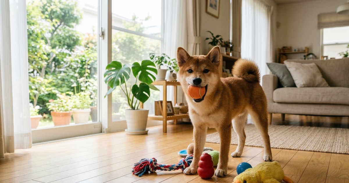 ボールをくわえておもちゃに囲まれた赤柴