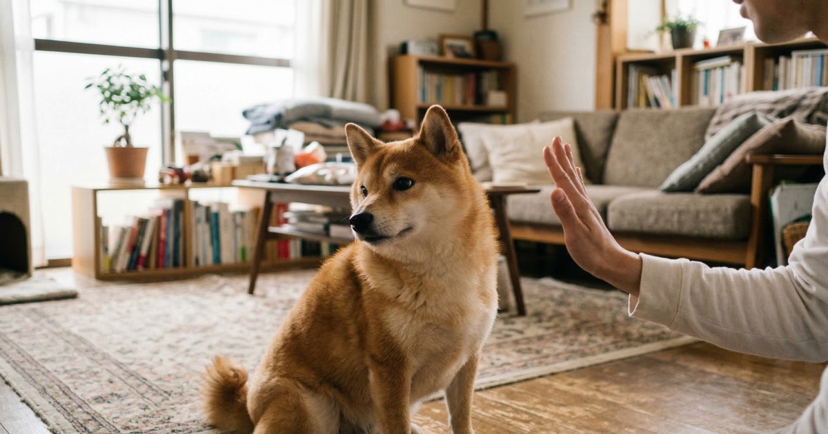 飼い主の指示をスルーしてそっぽを向く赤柴